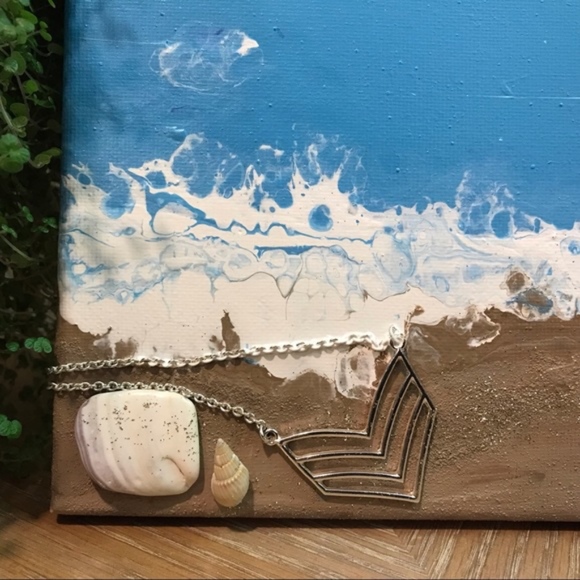 Beach ocean acrylic pour painting with jewelry - Picture 2 of 4